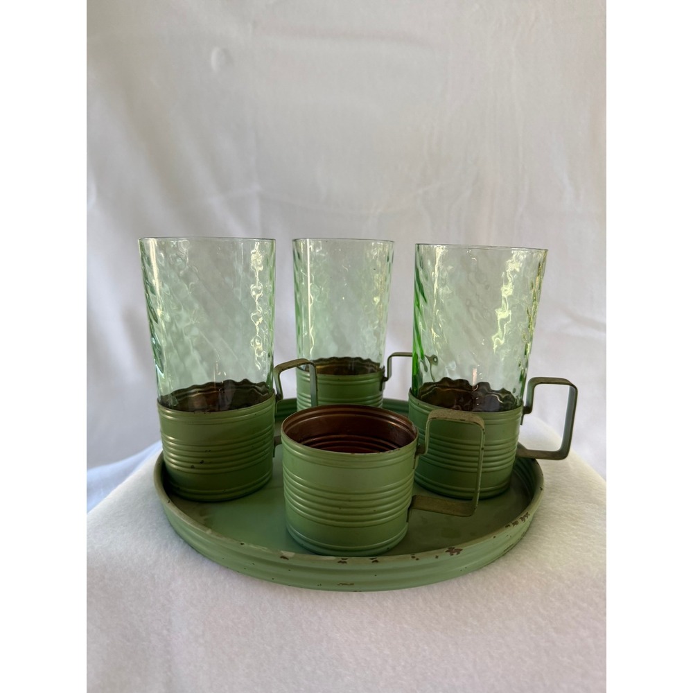 Uranium Glass Tumbler Set 3 Glasses 4 Green Metal Holders & Tray Art Deco Style